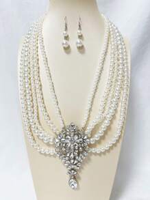 1 Set elegantes koreanisches Stil funkelndes Strass- & Perlen-Mehrschicht Halsketten- & Ohrringe Set, luxuriöser Retro Formeller Kleid Schmuck für Bühne, Party, Feiertage, Alltag