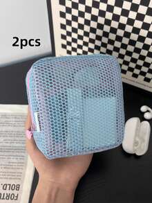 1个迷你马卡龙色清新时尚高品质多功能透明网眼收纳袋，可爱钱包式整理包，便携式化妆包，带拉链的纸巾盒，女性卫生用品收纳袋，可收纳口红、迷你化妆刷、护肤品、蓝牙耳机、硬币、小物件，非常适合作为圣诞礼物，适合居家、旅行、度假和上学使用，化妆包、护肤包、洗漱包、收纳袋