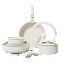 Juego de 4/6 piezas de utensilios de cocina de cerámica antiadherentes, saludables, con olla y asa desmontable, apto para caravanas, resistente a la suciedad y los arañazos, apto para lavavajillas/horno, incluye sartén, olla de sopa, tapa y asa desmontable, color blanco crema.