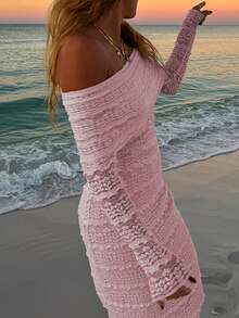 Off Shoulder Long Sleeve Bodycon Sexy Dress Pink Spring Elegant - Pink - View 6