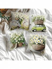 4pcs Farmhouse Style Polyester Pillow Covers, 17.72" X 17.72", Machine Washable With Zipper, Decorative Throw Pillow Cases Featuring Bicycle, Car And Floral Patterns, Suitable For Living Room Sofa Decor, Comfortable Whimsical Design, 100% Polyester (Pillow Insert Not Included)