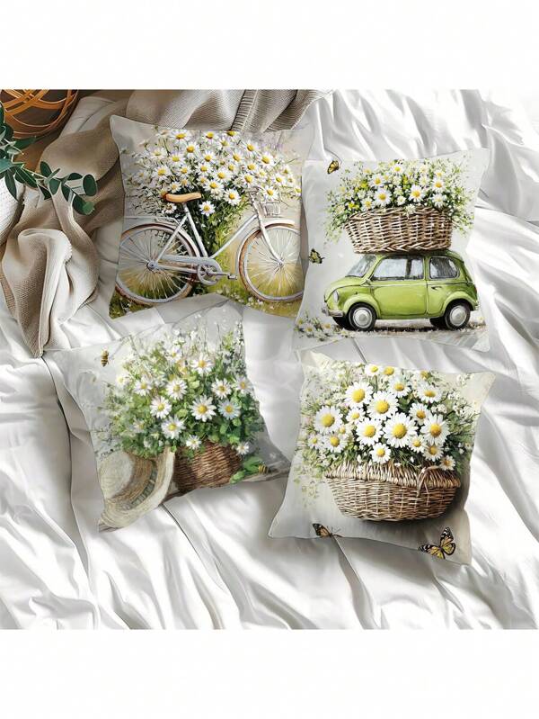 4pcs Farmhouse Style Polyester Pillow Covers, 17.72" X 17.72", Machine Washable With Zipper, Decorative Throw Pillow Cases Featuring Bicycle, Car And Floral Patterns, Suitable For Living Room Sofa Decor, Comfortable Whimsical Design, 100% Polyester (Pillow Insert Not Included)