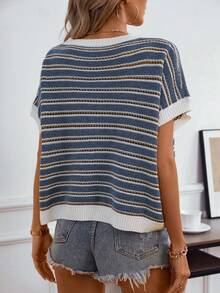 Women's Casual Commute Knit Striped Sleeveless Hollow Round Neck Regular Loose Tank Top, Butter Yellow Basic Summer Apparel (Pattern Randomized) - Blue - View 3