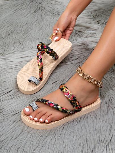 Women's Sandals, Women's Flat Sandals, Women's Slippers, Slip-On Beach Shoes, Bohemian Style, Vacation, Beach, Basic, Woven Criss-Cross Strap, Rope Laces, Beach Shoes, Brown Sandals, Brown Slippers, Beach Festival, School, Vacation, Party, Office, Outdoor, Spring/Summer, Woven, Rhinestone Strap, Metallic Laces