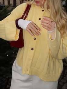 1pc Women Solid Color Versatile & Comfortable Knit Cardigan Sweater, Loose Fit, Long Sleeve - 黃色 - 查看 2