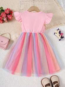 Young Girls' Cute Unicorn Print Patchwork Colorful Mesh Dress With Ruffle Sleeves, Round Neck, Fashion Princess Party/Holiday/Casual Wear - Pink - View 2