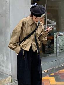 女式纯色落肩宽松休闲长袖单排扣衬衫 - 卡其色 - 查看 2