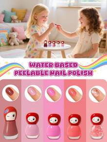 儿童水性可剥指甲油套装，快干指甲油，适合女孩、青少年的水性可剥指甲油，1 套 4 件 * 5ML 和 1 件 * 10ML 可剥指甲油，The Cap Redom 颜色，红色、粉色、橙色、黄色、绿色指甲油，美甲沙龙，美甲用品，儿童礼物，女孩，指甲油