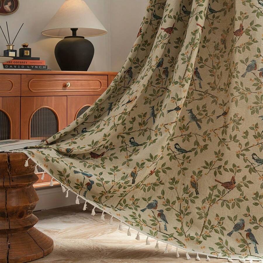 1 件复古花卉和鸟类提花窗帘，涤纶房间窗帘，客厅窗帘，厨房窗帘，杆袋窗帘，适用于厨房和各种房间 - 无配件，可机洗，秋季装饰，四季皆宜 - 彩色 - 查看 1