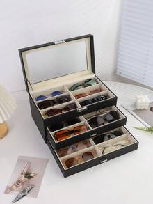 Multi-Layer High Capacity Leather Eyeglass Storage Case, 8/12/18 Grid Sunglasses Display Box, Organizer For Glasses & Sunglasses Collection
