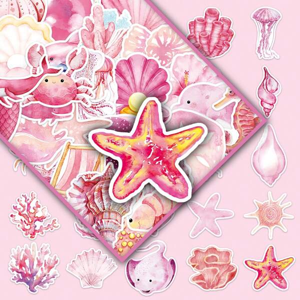 50 piezas de pegatinas con temática de océano pastel, incluidas conchas, estrellas de mar y medusas, para decorar cajas de almacenamiento, tazas, refrigeradores, etc.