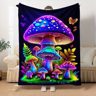 1 件明亮的夜光蘑菇羊毛毯 - 柔软、温暖的法兰绒毯子，带有霓虹紫色、蓝色、绿色和红色蘑菇图案 - 四季皆宜，可机洗涤纶，适用于沙发、床、旅行、露营和办公室
