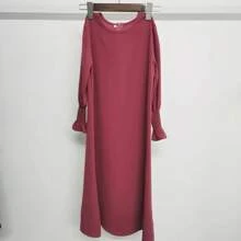 1pc Girls Kids Fuchsia Loose Dress, New Round Neck Ruffle Hem Solid Color Girls Kids Dress, Elastic And Comfortable, Suitable For Daily Outings, Home Wear Girls Arabic Abaya - Pink - View 56