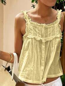 Women Summer Tank Tops Casual Lace Patchwork Buttons Sleeveless Shirt Basic Vest Aesthetic Clothes for Streetwear - Amarillo - Ver 5