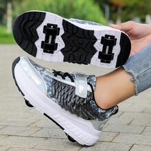 Patines de ruedas casuales, zapatillas de patinaje de moda para parejas con alas para uso al aire libre, con 2 ruedas para adolescentes, estudiantes y adultos - Negro - Ver 6