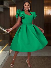 Women's Sweetheart Neck Ruffle Hem Flare Skirt, Suitable For Parties, Graduations, Back To School Occasions, Paired With Bell Sleeves - Green - View 4