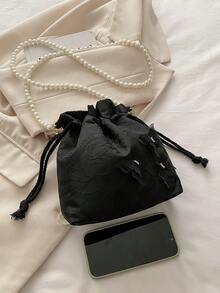 时尚优雅珍珠链迷你水桶包 - 黑色 - 查看 4