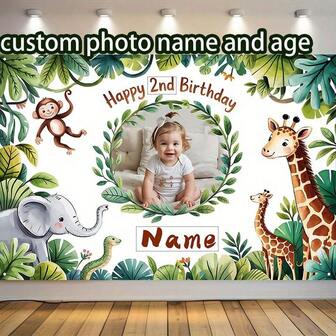 1 pieza Pancarta de cumpleaños personalizada con tema de la selva, personalizada con nombre y texto, decoración de pared interior o exterior, telón de fondo para el baño, decoración para fiesta de bautizo, regalo perfecto para organizador de fiestas, logotipo de fiesta personalizado, decoración con tema de la selva, actividades artísticas para niños