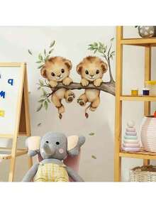 1 件儿童房墙贴 | 卡通树枝动物贴纸 | 俏皮松鼠狮子图案 | 可移除育儿室装饰 | 易撕粘贴卧室墙贴 - 彩色 - 查看 5