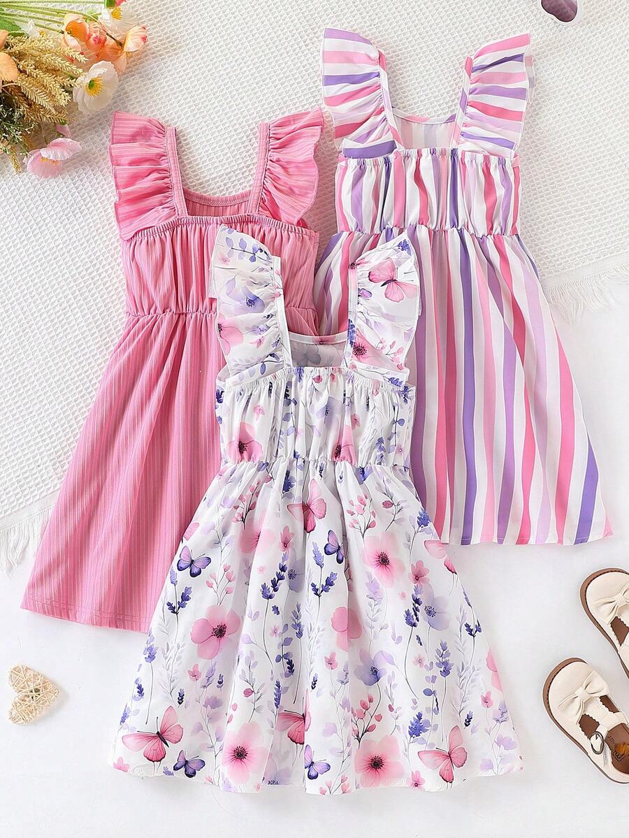 Young Girls 3pcs/Set Summer Casual Dress, Puff Sleeve Striped Floral Print, Fashion Vacation Outdoor Sundress - Multicolor - View 1
