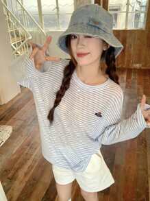 Blue Striped Long Sleeve Lightweight Sun Protection T-Shirt With Embroidery Detail, Loose Relaxed Fit Coverup