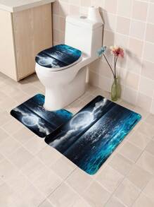1 pièce/4 pièces Ensemble de salle de bain motif lac sous clair de lune avec rideaux de douche multifonctions (12 crochets), tapis de bain, tapis en U, housse de siège de toilette ronde, adapté à tous les scénarios, rentrée scolaire