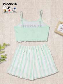 SNOOPY Authorized PEANUTS Snoopy Cute Printed Cami Top & Plaid Shorts, Sweet Summer Two Pieces Set Outfit