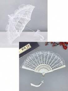 2 Stücke Hochzeits-Braut-Dekorations-Set: Spitzen-Regenschirm & Spitzen-Fächer Set, Vintage europäischer Stil Braut-Hochzeitsregenschirm, Outdoor-Hochzeitsdekoration Sonnenschirm & Fächer, perfektes Geschenk