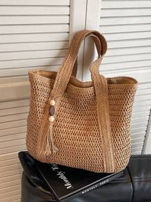 1pc New Fashionable Versatile Tote Bag, Beach Vacation Bag, New Arrival Fashionable Woven Beach Tote Bag, Lightweight Elegant Design, Women's New Straw Woven Handbag, Fashionable And Versatile Large Capacity Tote Bag, Handbag, Large Capacity, Suitable For Women, College Students, Teenagers, With Tassel Pendant, Summer Straw Beach Bag For Women,