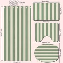 1/4pcs White And Green Stripe Theme Bathroom Curtain Set, Polyester Waterproof Shower Curtain, Bathroom Decor, Easily Washable Curtain With Hooks, Fashionable Door/Window Curtain, Shower Room Divider Curtain, Machine Washable Bathroom Accessories Back To School