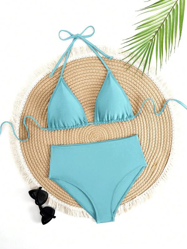 1 Set Adjustable Lace-Up Solid Color Triangle Cup Sexy Bikini Swimsuit