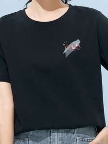 200g Pure Cotton T-Shirt 2025 Summer Ladies New Short Sleeve Pure Cotton Holiday Pattern Short Sleeve Round Neck Couple Wear Small Shirt Tops - 黑色 - 查看 2