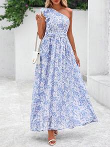 Women Summer Dress Floral One Shoulder Sleeveless Smocked Ruffle Flowy Long Dress With Pocket Boho Beach Vacation Holiday Wedding Guest Valentine Maxi Dress Outfits - Màu xanh lam - Xem 5