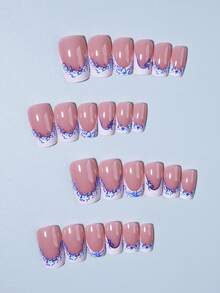 24Pcs Short Square Flower Nails With Pearls Design White French Acrylic Press On Nails Short Perfect Fit Fake Nail Set,Contain 1Pc Jelly Glue And 1Pc Nail File,Easy To Wear Summer Nails & French Tip Nails Art For Woman Girl Daily Work Festivals Party Use Nail Supplies Nails