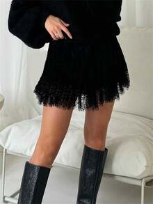 Women Short Mini Skirt Eyelash Lace Trim High Waist Pleated Ruffle Half Slip Underskirts Layered Satin Short A-Line Skirt - 黑色 - 查看 1