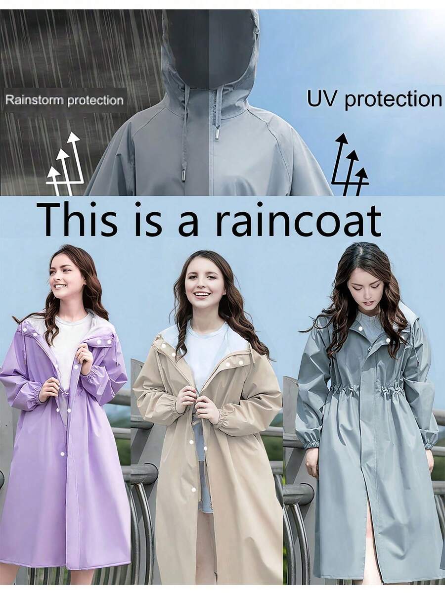 一件时尚、合身、防雨、防风、防晒的女士雨衣，适合所有季节，方便户外徒步旅行，一体式轻便成人雨衣