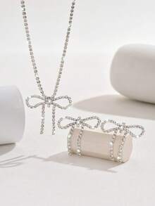 时尚简约蝴蝶结项链和耳环套装，女士婚礼首饰，优雅闪亮派对和节日礼物