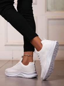 女士轻便舒适透气白色针织运动鞋，夏季 - 白色 - 查看 4