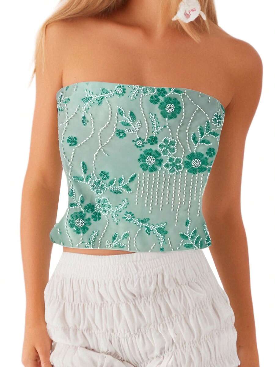 Women's Summer Sequin Tube Tops Strapless Sleeveless Floral Bandeau Tops Going Out Shirts - Light Blue - View 1