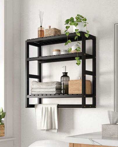 Estantería de 3 niveles para baño montada en la pared, organizador de esquina ahorra espacio, estante para toallas de bambú, gabinete para papel higiénico con barra colgante, color negro