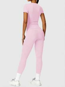 YEIFIN Ensemble de survêtement 2/4 Count pour femme, t-shirt uni à col rond et legging taille haute, t-shirt sportif et confortable, pantalon slim pour le yoga, la gym, les vêtements de sport d'été pour la rentrée scolaire, survêtements pour femme, tenue Downtown Girl, style printemps-été - Rose pâle - Voir 3