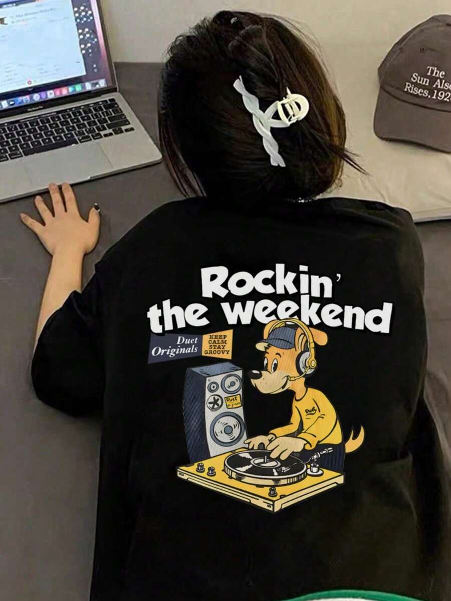 200g Pure Cotton T-Shirt 2025 Summer Ladies New Short Sleeve Pure Cotton Holiday Pattern Short Sleeve Round Neck Couple Wear Small Shirt Tops - 黑色 - 查看 1