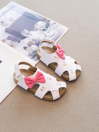 1 Pair Girls Fashion Cute Bowknot Embroidery Flat Sandals, Suitable For Summer