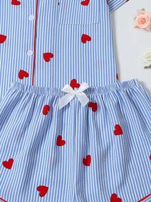 Conjunto de pijama de top de manga corta con estampado de rayas y corazones y shorts para mujer, color azul claro fresco - Azul - Ver 6
