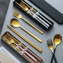 Set di posate in acciaio inossidabile da 3 pezzi con mestolo per zuppa, forchetta e bacchette, manico rinforzato, posate pratiche per studenti e uso all'aperto, per attività all'aperto, picnic o campeggio, set di posate portatile, regalo natalizio per la cucina, regalo per la festa del papà, completo di stoviglie, accessori per la cucina, natale, regali personalizzati