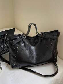 复古铆钉装饰女式摩托车包，多功能高品质大容量小巧单肩斜挎包 - 黑色 - 查看 12