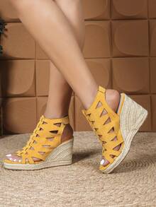 Women's Yellow Wedge & Platform Slip-On Shoes Wedge & Platform Hemp Rope Sole Hollow Laser Cut Open Toe Sandals Hemp Rope Foam Bottom Sandals - Yellow - View 9
