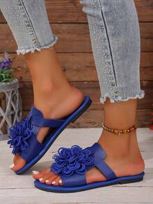 Women's Round Toe Flat Sandals With 3D Floral Decor, Open Toe Slip-On Mules, Fashionable Casual Beach Slippers For Summer Vacation, Solid Color - Blue - View 4