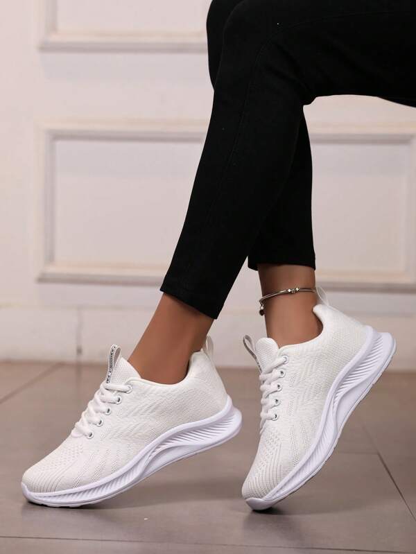 Women's Lightweight Comfortable Breathable White Knitted Sports Shoes, Summer