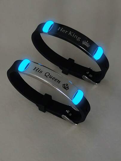 ATLVXJL 2pcs/Set Matching Couples His Queen Her King Grow In The Dark English Letter Stainless Steel Silicone Bracelet Valentine's Day Gift